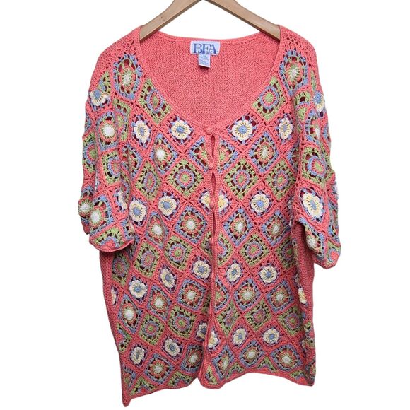 Vintage Crochet Granny Square Cardigan Pink Green BFA Womens Plus SZ 3X Cottage - Picture 1 of 9